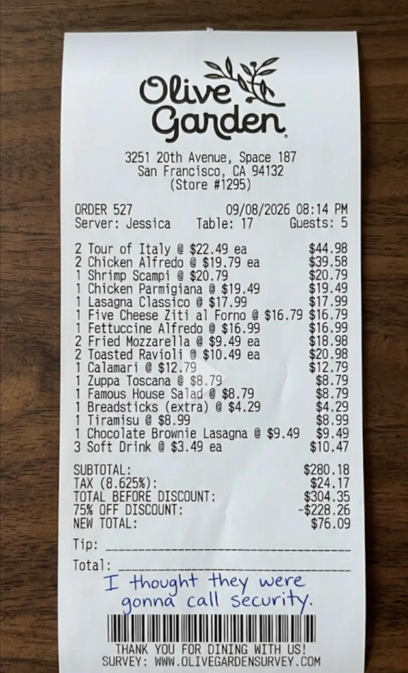 Image of the discounted reciept from Olive garden